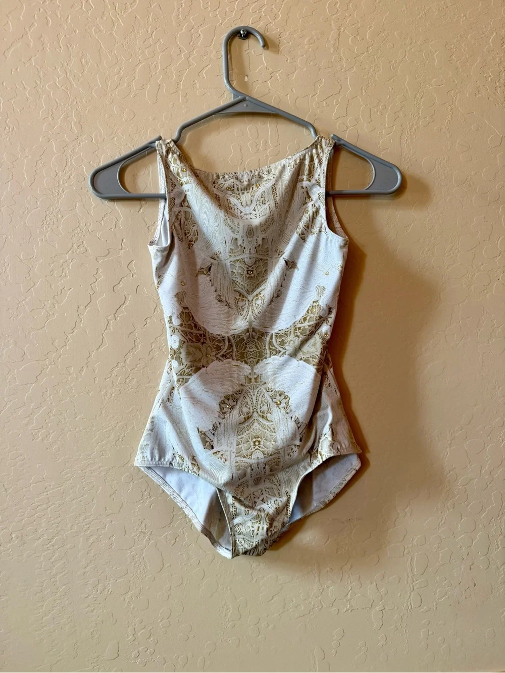 Balera LC Lyrical Dance Costume Ivory Gold Lace Leotard Taupe Skirt Contemp